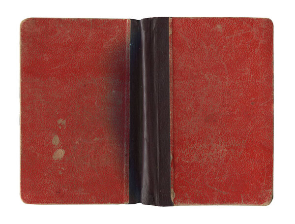 rear view of small open notebook red burgundy cover with vintage stained and wrinkled cardboard isolated on whit