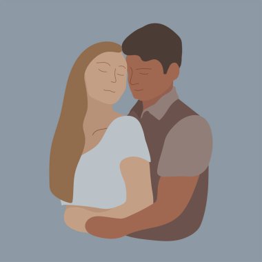 Multicultural couple hugs and shows affection. Young man and women in love flat abstract illustration. 