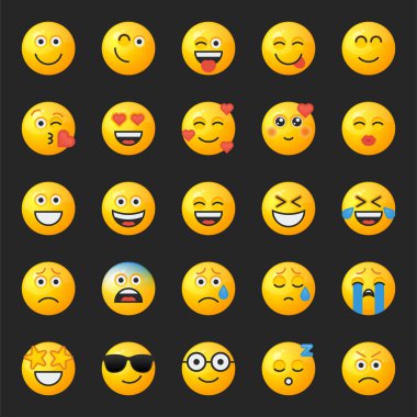 Set of yellow round emoticons for social networks or web design with different facial expressions.