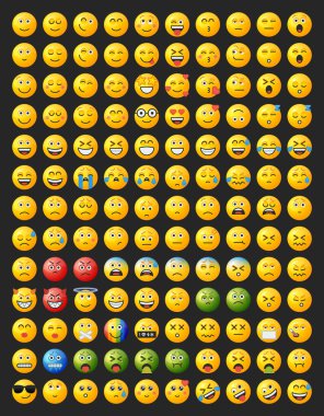Set of yellow round emoticons for social networks or web design with different facial expressions.