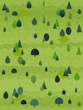 Summer landscape vector illustration. Flat style trees and firs with village cottage houses and mountains. Nature scene poster or card.