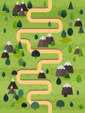 Summer landscape vector illustration. Flat style trees and firs with village cottage houses and mountains. Nature scene poster or card.