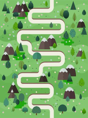 Spring landscape vector illustration. Flat style trees and firs with village cottage houses and mountains. Nature scene poster or card.