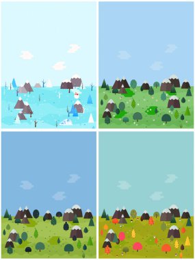 Set of seasonal landscape vector illustration. Winter, spring, summer, autumn flat style trees and firs with village cottage houses and mountains. Nature scene poster or card.
