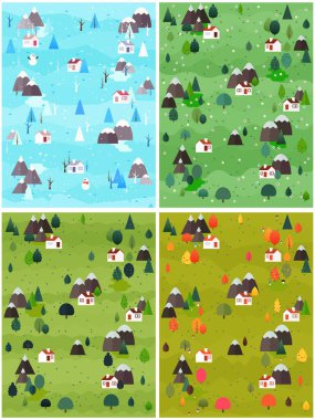 Set of seasonal landscape vector illustration. Winter, spring, summer, autumn flat style trees and firs with village cottage houses and mountains. Nature scene poster or card.