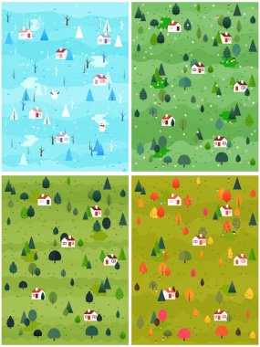 Set of seasonal landscape vector illustration. Winter, spring, summer, autumn flat style trees and firs with village cottage houses and mountains. Nature scene poster or card.