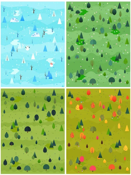 Set of seasonal landscape vector illustration. Winter, spring, summer, autumn flat style trees and firs with village cottage houses and mountains. Nature scene poster or card.
