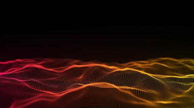 Gelecekçi teknoloji dalgası. Dijital siber uzay. Renk arkaplan üzerinde hareket eden parçacıkların olduğu soyut dalga. Büyük veri analizleri. 3d oluşturma.