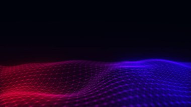 Gelecekçi teknoloji dalgası. Dijital siber uzay. Renk arkaplan üzerinde hareket eden parçacıkların olduğu soyut dalga. Büyük veri analizleri. 3d oluşturma.