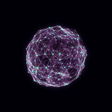 Parçacıklardan ve çizgilerden oluşan fütürist pembe küre. Ağ bağlantısı büyük veri. Soyut teknoloji geçmişi. 3d oluşturma.