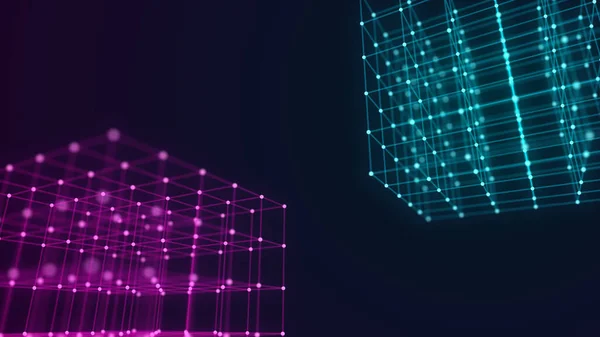 Technology block chain network connection. Big data visualization. Cyber security background. Colorful cube, consisting of block. 3D rendering.
