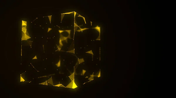 Technology block chain network connection. Big data visualization. Cyber security background. Yellow cube, consisting of block. 3D rendering.