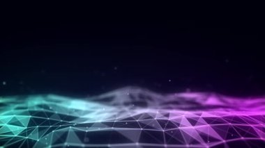 Gelecekçi teknoloji dalgası. Dijital siber uzay. Renk arkaplan üzerinde hareket eden parçacıkların olduğu soyut dalga. Büyük veri analizleri. 3d oluşturma.