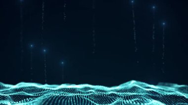 Parçacıkların soyut teknoloji dalgası. Büyük veri görselleştirmesi. Hareket noktalı koyu bir arka plan. Yapay zeka. 3d oluşturma.