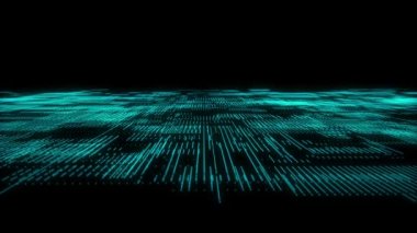 Hareketli parçacıkları olan gelecekteki dijital siber uzay. Dijital verileri sınıflandırma ve analiz etme. Teknoloji matrisi algoritması. Güvenlik depolama verileri. 3d oluşturma.