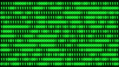 Teknoloji ikili kodu. Rastgele düşen yeşil parmaklar ekranda. Hacklenmiş yazılım. Matris bilimi geçmişi. Büyük veri analizleri. 3B görüntüleme.