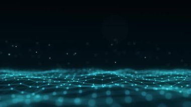 Parçacıkların soyut teknoloji dalgası. Büyük veri görselleştirmesi. Hareket noktaları ve çizgileri olan karanlık bir arkaplan. Yapay zeka. 3d oluşturma.