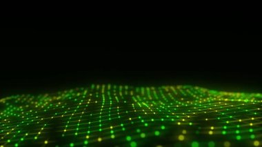 Fütürist dijital dalga. Karanlık siber uzay. Noktalı ve çizgili soyut dalga. Siyah zemin üzerinde beyaz hareketli parçacıklar. 3d oluşturma.