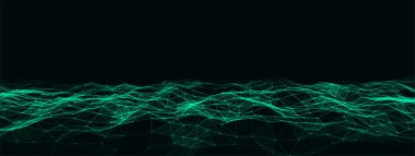 Parçacıkların soyut teknoloji dalgası. Büyük veri görselleştirmesi. Hareket noktaları ve çizgileri olan vektör koyu arkaplan. Yapay zeka.