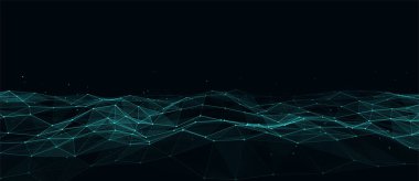 Parçacıkların soyut teknoloji dalgası. Büyük veri görselleştirmesi. Hareket noktaları ve çizgileri olan vektör koyu arkaplan. Yapay zeka.