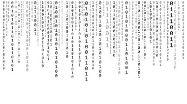 Teknoloji ikili kodu. Ekranda rastgele düşen beyaz parmaklar. Hacklenmiş yazılım. Matris bilimi geçmişi. Büyük veri analizleri.