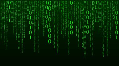 Teknoloji ikili kodu. Rastgele düşen yeşil parmaklar ekranda. Hacklenmiş yazılım. Matris bilimi geçmişi. Büyük veri analizleri.