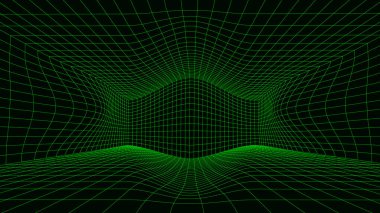 3D wireframe deformed room on the green background. Optical illusion. Vector perspective glitch grid. Box with digital space.