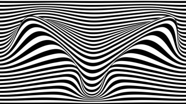 Optik illüzyon dalgası. Siyah ve beyaz çizgileri olan soyut vektör arkaplanı. Desen bozulmuş dokular.