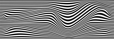 Optik illüzyon dalgası. Siyah ve beyaz çizgileri olan soyut vektör arkaplanı. Desen bozulmuş dokular.