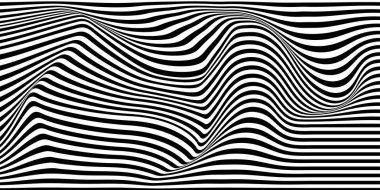 Optik illüzyon dalgası. Siyah ve beyaz çizgileri olan soyut vektör arkaplanı. Desen bozulmuş dokular.