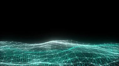 Fütürist teknoloji çift dalga. Dijital siber uzay. Renk arkaplan üzerinde hareket eden parçacıkların olduğu soyut dalga. Büyük veri analizleri. 3d oluşturma.