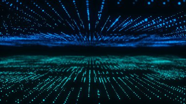 Hareketli parçacıkları olan gelecekteki dijital siber uzay. Dijital verileri sınıflandırma ve analiz etme. Teknoloji matrisi algoritması. Güvenlik depolama verileri. 3d oluşturma.