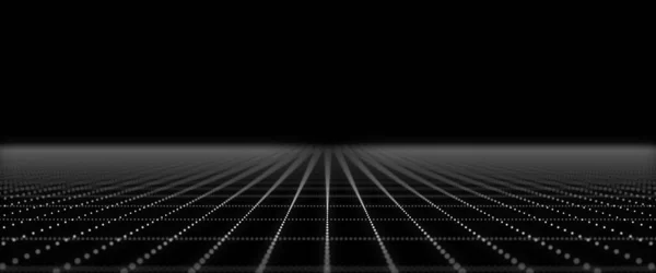技術のワイヤーフレームの風景です パースペクティブ グリッド デジタル空間 黒い背景の白いメッシュ 3Dレンダリング — ストック写真