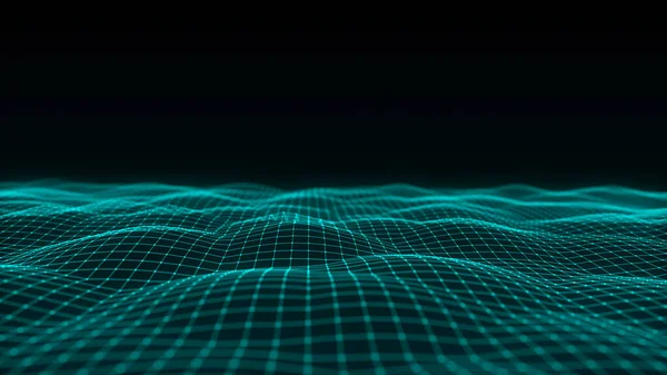 未来主义数字波 黑暗网络空间 带圆点和线条的文摘波 蓝色背景上的白色运动粒子 3D渲染 — 图库照片