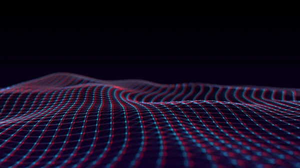 未来主义数字波 黑暗的漏洞网络空间 带圆点和线条的文摘波 蓝色背景上的白色运动粒子 3D渲染 — 图库照片
