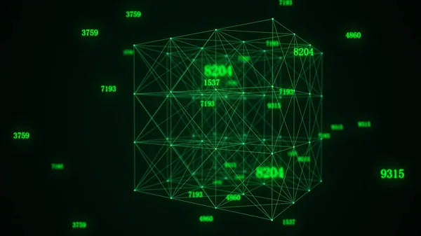 Futuristic green cube of particles and lines with digital indicators. Network connection big data. Abstract technology background. 3d rendering.