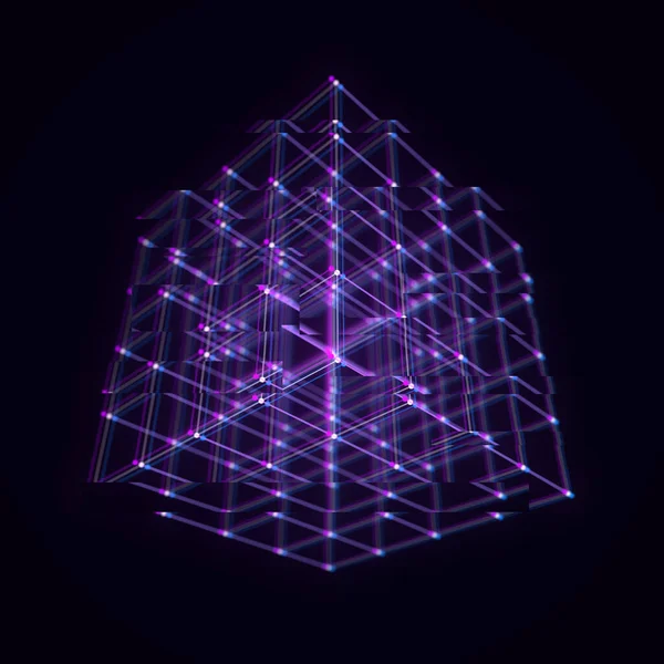 粒子和线的未来主义小立方体 网络连接大数据 摘要技术背景 3D渲染 — 图库照片