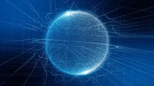 Футуристическая голубая сфера частиц и линий. Подключение к сети большие данные. Абстрактный технологический фон. 3d-рендеринг.