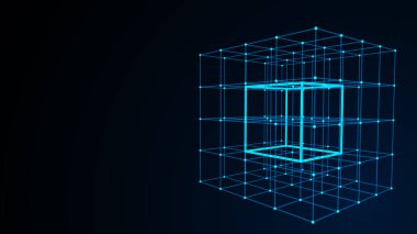 Farklı taraflardan kopmuş kablo küpleri. Vektör soyut geometrik üç boyutlu nesneler. Teknoloji engelleme zinciri ağı bağlantısı. Büyük veri görselleştirmesi.