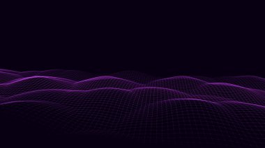 Gelecekçi teknoloji dalgası. Dijital siber uzay. Siyah zemin üzerinde hareket eden parçacıkların olduğu soyut dalga. Büyük veri analizleri.