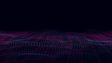 Soyut teknoloji çift parçacık dalgası. Büyük veri görselleştirmesi. Hareket noktaları ve çizgileri olan vektör koyu arkaplan. Yapay zeka.