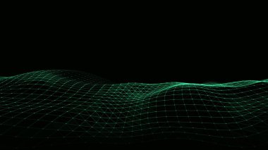 Parçacıkların soyut teknoloji dalgası. Büyük veri görselleştirmesi. Hareket noktaları ve çizgileri olan vektör koyu arkaplan. Yapay zeka.