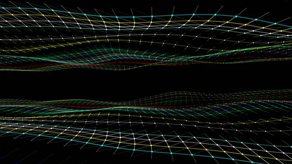 추상적 기술은 입자의 파동입니다 데이터 시각화 반사체의 어두운 배경에 움직임 — 스톡 벡터