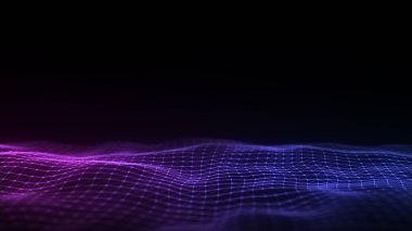 Gelecekçi teknoloji dalgası. Dijital siber uzay. Renk arkaplan üzerinde hareket eden parçacıkların olduğu soyut dalga. Büyük veri analizleri. 3d oluşturma.