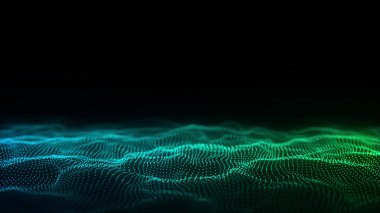 Gelecekçi teknoloji dalgası. Dijital siber uzay. Renk arkaplan üzerinde hareket eden parçacıkların olduğu soyut dalga. Büyük veri analizleri. 3d oluşturma.