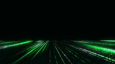 Soyut dijital akış parçacıkları. Siber ağ bağlantısı arka planı. Büyük veri görselleştirmesi. Teknoloji yeşili fon. 3d oluşturma.