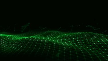 Fütürist dijital dalga. Karanlık siber uzay. Noktalı ve çizgili soyut dalga. Yeşil zemin üzerinde hareket eden beyaz parçacıklar. 3d oluşturma.
