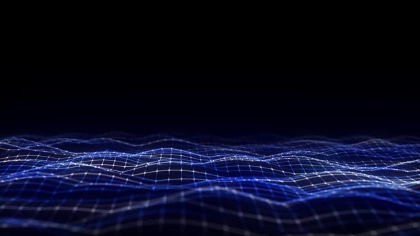 미래의 디지털 웨이브 어두운 사이버 선으로 파란색 배경에 입자가 움직이고 — 비디오
