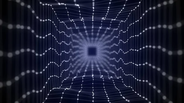 抽象的なワイヤーフレームトンネル ホワイトワームホール 3Dポータルグリッド 未来のファンタジー広場ファネル 3Dレンダリング — ストック写真