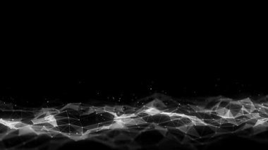 Gelecekçi teknoloji dalgası. Dijital siber uzay. Siyah zemin üzerinde hareket eden parçacıkların olduğu soyut dalga. Büyük veri analizleri. 3d oluşturma.